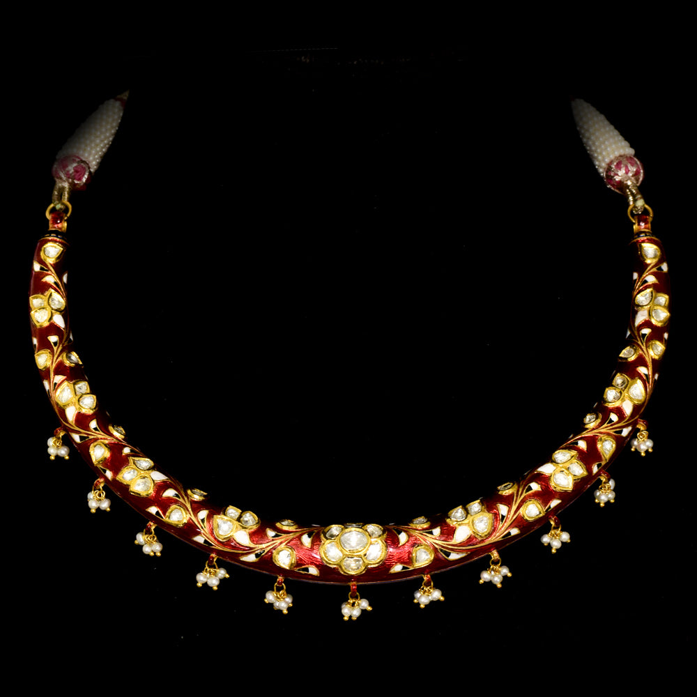 Exquisite traditional red Meena Hasli necklace and earring set, adorned with dazzling diamond Polki and elegant pearl accents.  - KMNE3552