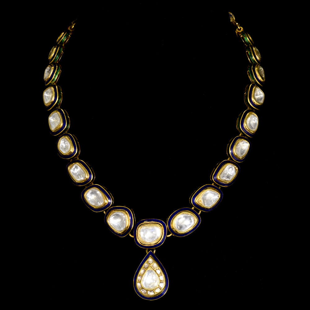 Stunning single-line blue Meena necklace and earring set, adorned with exquisite big-size diamond Polki. - KMNE3542