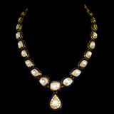 Stunning single-line blue Meena necklace and earring set, adorned with exquisite big-size diamond Polki. - KMNE3542