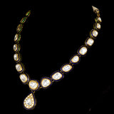 Stunning single-line blue Meena necklace and earring set, adorned with exquisite big-size diamond Polki. - KMNE3542