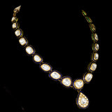 Stunning single-line blue Meena necklace and earring set, adorned with exquisite big-size diamond Polki. - KMNE3542