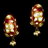 Exquisite traditional red Meena Hasli necklace and earring set, adorned with dazzling diamond Polki and elegant pearl accents.  - KMNE3552