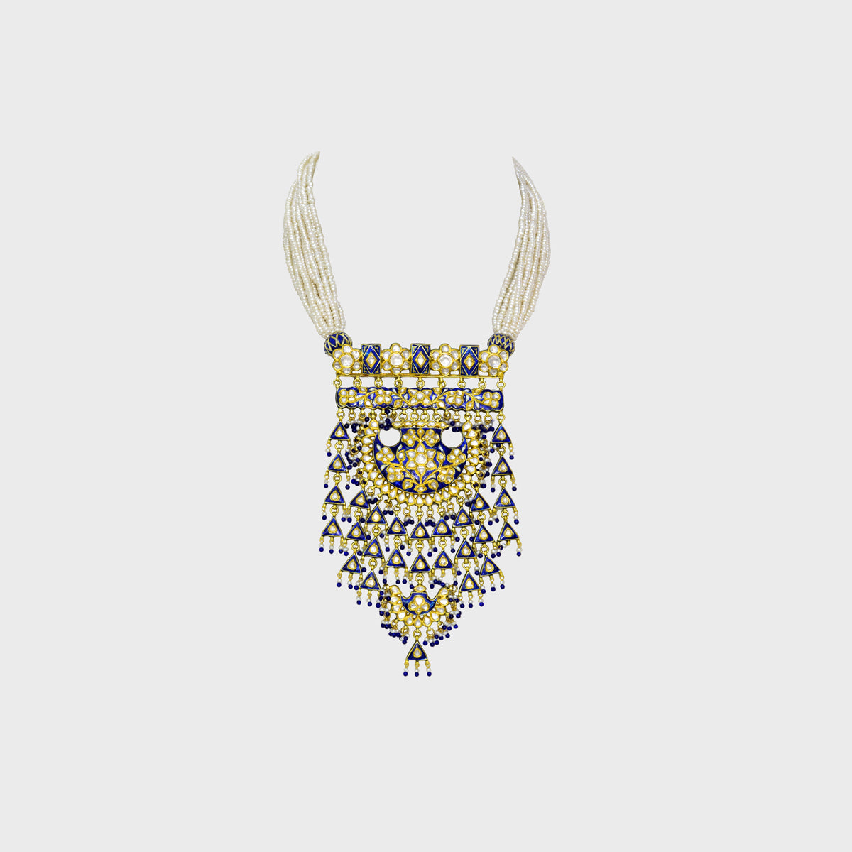 Traditional Blue Meena Tewata Style Long Necklace with Pearls and Blue Meena Jhoomki Pair, Enhanced with Uncut Diamonds - (KMNE3394)