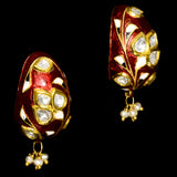 Exquisite traditional red Meena Hasli necklace and earring set, adorned with dazzling diamond Polki and elegant pearl accents.  - KMNE3552