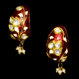 Exquisite traditional red Meena Hasli necklace and earring set, adorned with dazzling diamond Polki and elegant pearl accents.  - KMNE3552