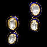 Stunning single-line blue Meena necklace and earring set, adorned with exquisite big-size diamond Polki. - KMNE3542