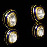 Stunning single-line blue Meena necklace and earring set, adorned with exquisite big-size diamond Polki. - KMNE3542