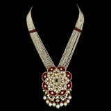 Exquisite fusion-style pendant and earring set, featuring dazzling diamond Polki, rose-cut diamonds, and emerald cabochons, elegantly strung with pearls and ruby beads. - KMPE1307