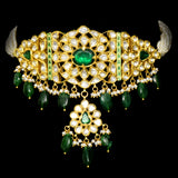 Graceful mini Ard-style necklace and earring set, featuring sparkling diamond Polki, a radiant emerald center, emerald Maniya accents, and delicate pearl hangings. - KMNE3536