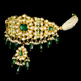 Graceful mini Ard-style necklace and earring set, featuring sparkling diamond Polki, a radiant emerald center, emerald Maniya accents, and delicate pearl hangings. - KMNE3536