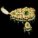 Graceful mini Ard-style necklace and earring set, featuring sparkling diamond Polki, a radiant emerald center, emerald Maniya accents, and delicate pearl hangings. - KMNE3536