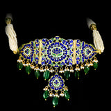 Graceful mini Ard-style necklace and earring set, featuring sparkling diamond Polki, a radiant emerald center, emerald Maniya accents, and delicate pearl hangings. - KMNE3536