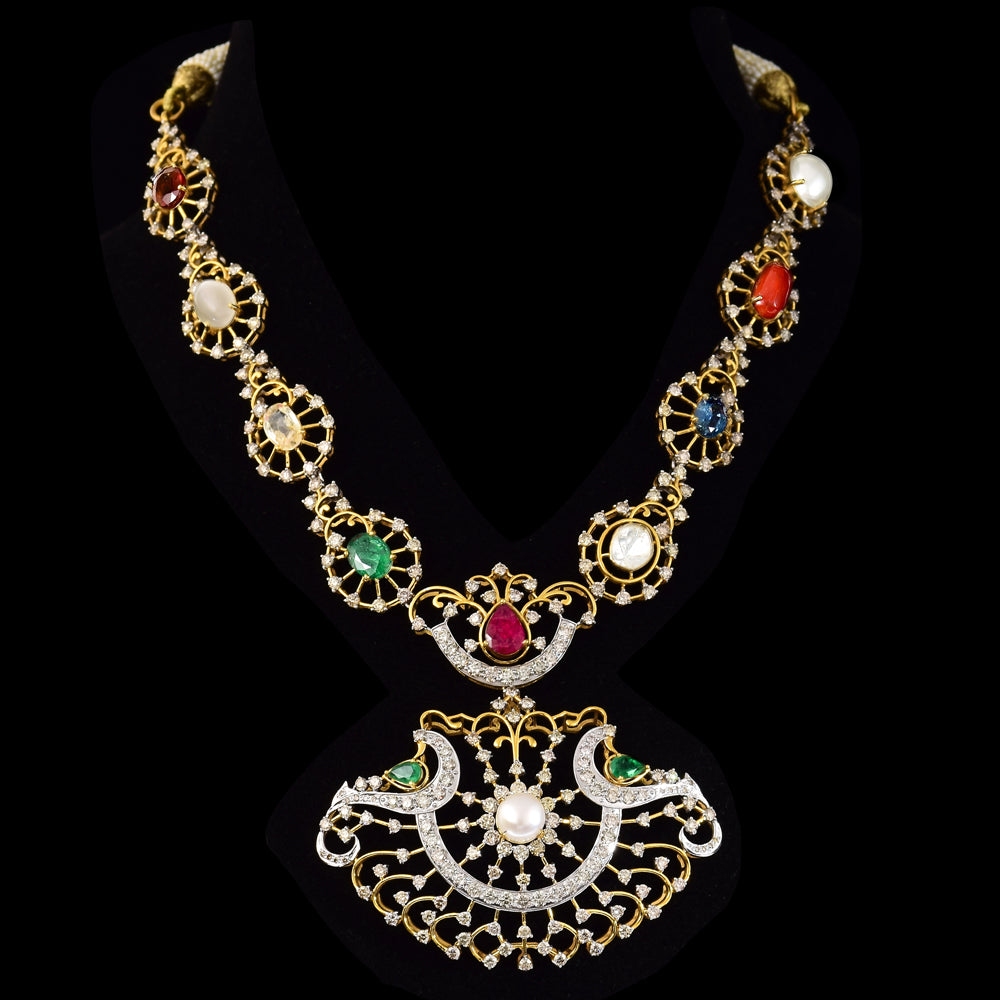 Radiate Elegance & Tradition – Exquisite Navratan Necklace with Diamonds - GDNE0507