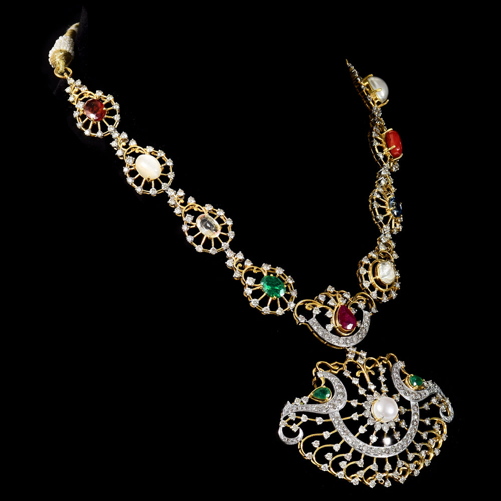 Radiate Elegance & Tradition – Exquisite Navratan Necklace with Diamonds - GDNE0507