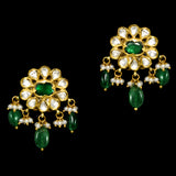 Graceful mini Ard-style necklace and earring set, featuring sparkling diamond Polki, a radiant emerald center, emerald Maniya accents, and delicate pearl hangings. - KMNE3536