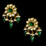 Graceful mini Ard-style necklace and earring set, featuring sparkling diamond Polki, a radiant emerald center, emerald Maniya accents, and delicate pearl hangings. - KMNE3536