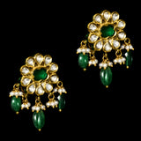 Graceful mini Ard-style necklace and earring set, featuring sparkling diamond Polki, a radiant emerald center, emerald Maniya accents, and delicate pearl hangings. - KMNE3536