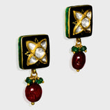 Elegant black Meena pendant and tops set, adorned with dazzling diamond Polki and gracefully strung with emerald and ruby beads. - KMPE1319