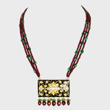Elegant black Meena pendant and tops set, adorned with dazzling diamond Polki and gracefully strung with emerald and ruby beads. - KMPE1319