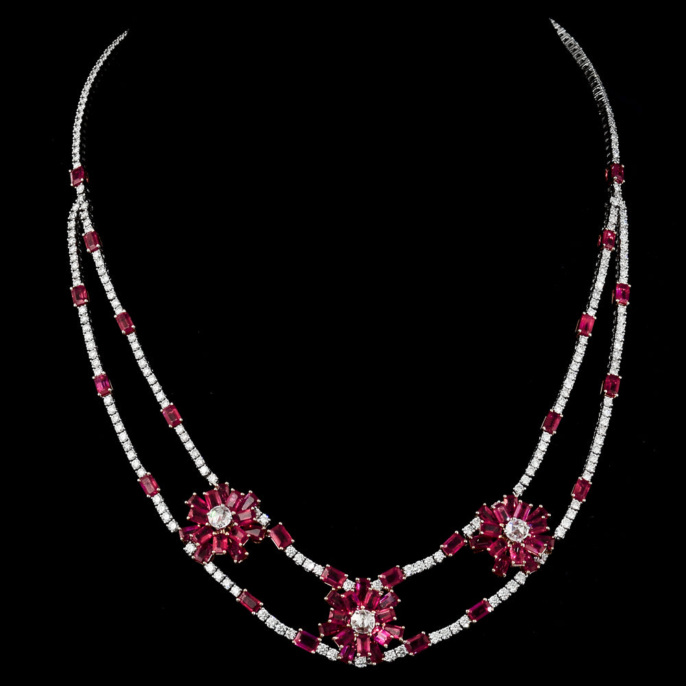 Elegant ruby and diamond necklace and earring set, featuring dazzling diamond rounds and rose-cut diamonds. - PGDNE0137