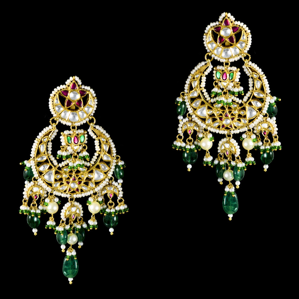 Magnificent traditional jadau chandbali earrings, adorned with radiant diamond polki - KME2384