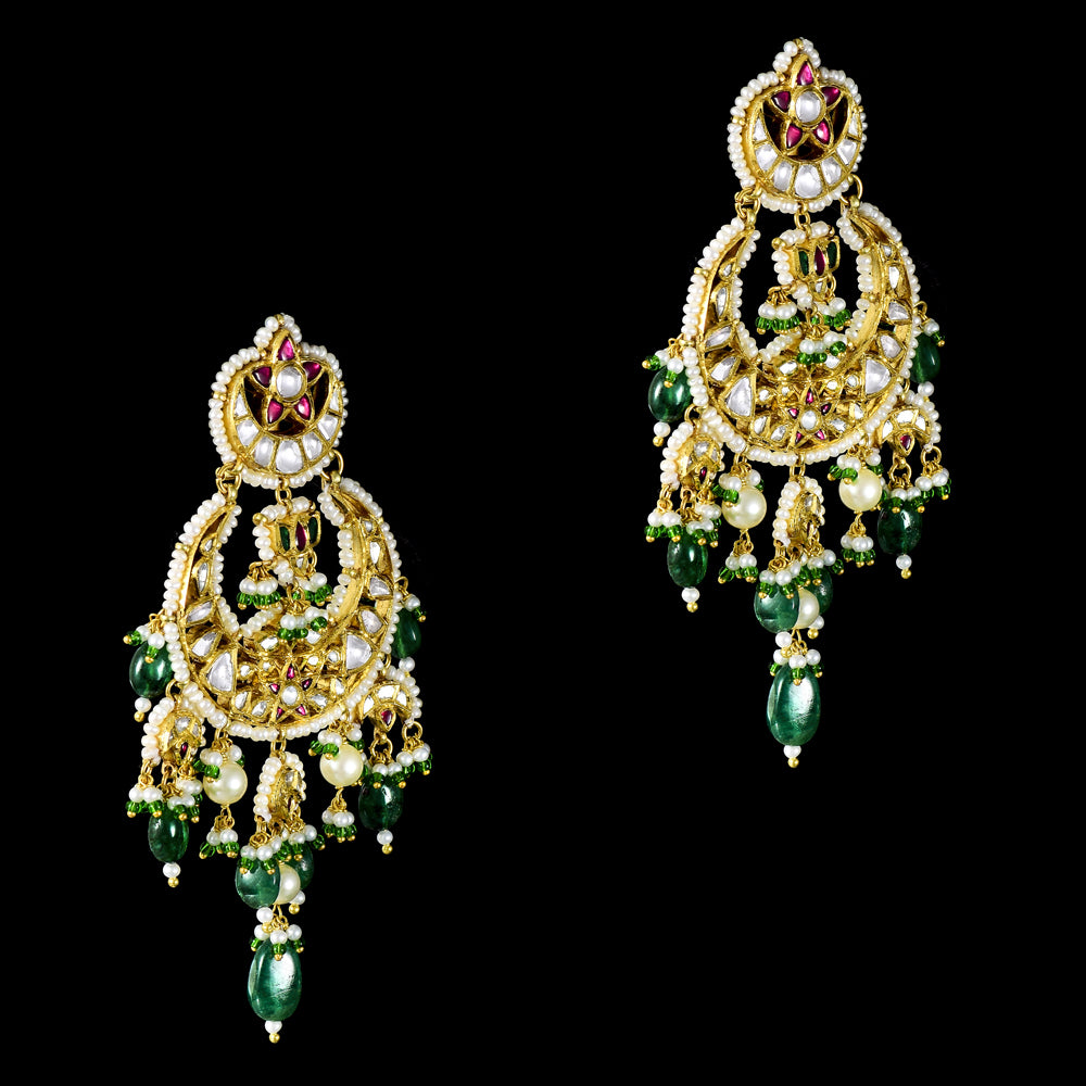 Magnificent traditional jadau chandbali earrings, adorned with radiant diamond polki - KME2384