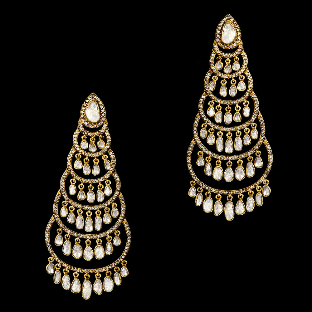 Exquisite long fusion chandbali earrings, adorned with dazzling diamond polki and rose-cut diamonds - KME2380