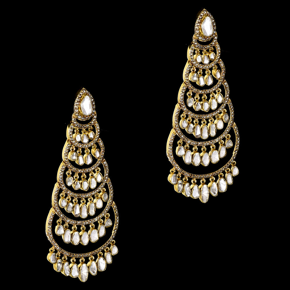 Exquisite long fusion chandbali earrings, adorned with dazzling diamond polki and rose-cut diamonds - KME2380