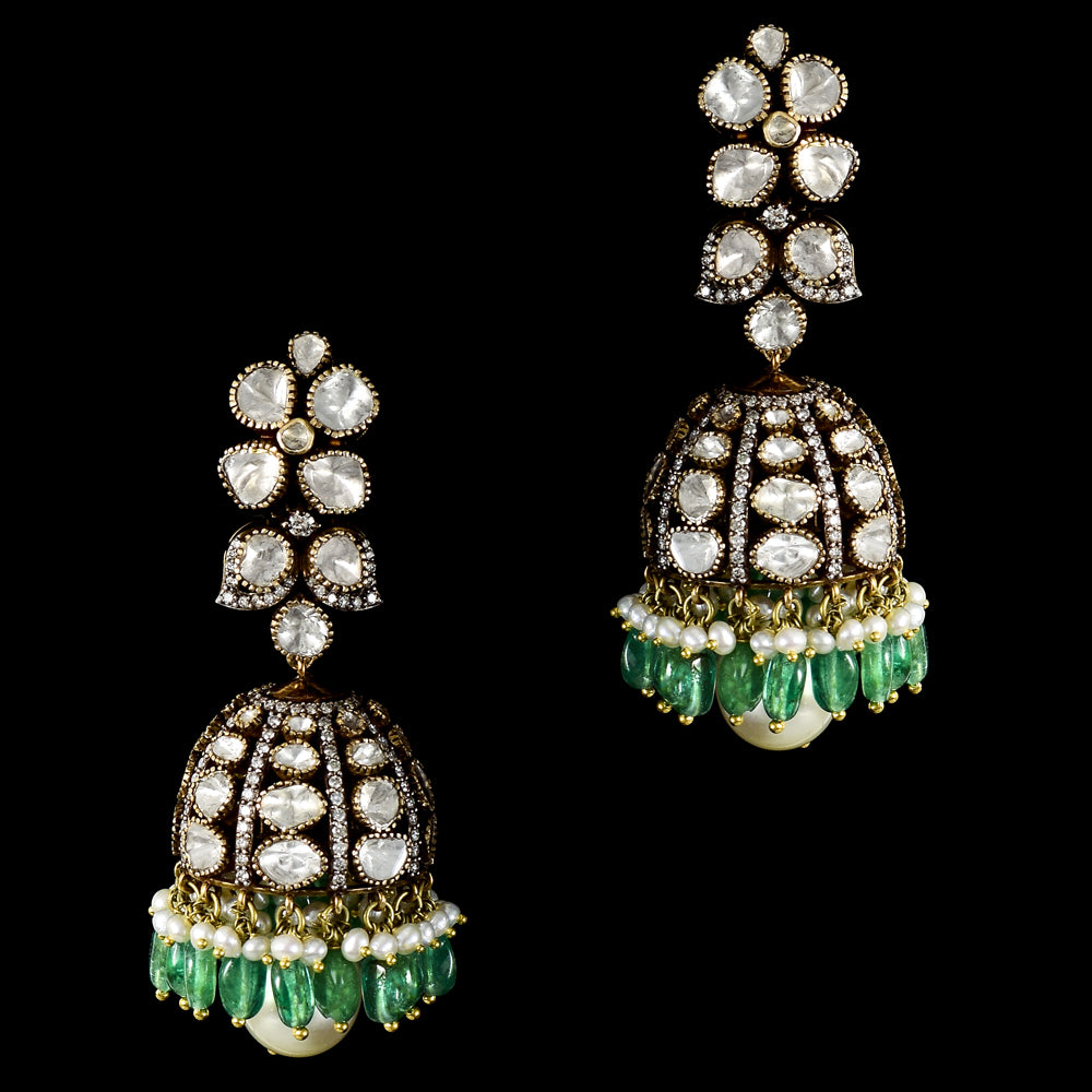 Antique-look fusion jhoomkis, featuring diamond polki and round diamonds, adorned with emerald and pearl - KME2378