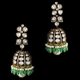 Antique-look fusion jhoomkis, featuring diamond polki and round diamonds, adorned with emerald and pearl - KME2378
