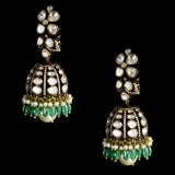 Antique-look fusion jhoomkis, featuring diamond polki and round diamonds, adorned with emerald and pearl - KME2378