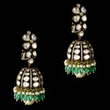 Antique-look fusion jhoomkis, featuring diamond polki and round diamonds, adorned with emerald and pearl - KME2378