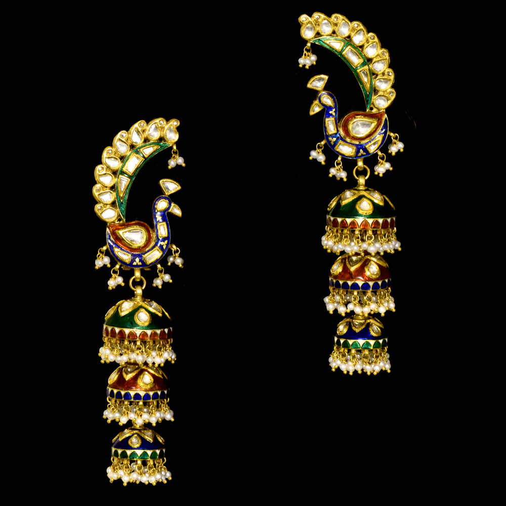Embrace tradition with peacock design tops and multi-enameled long jhoomkis, adorned with diamond polki and pearl hangings - KME2379