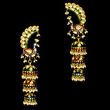 Embrace tradition with peacock design tops and multi-enameled long jhoomkis, adorned with diamond polki and pearl hangings - KME2379