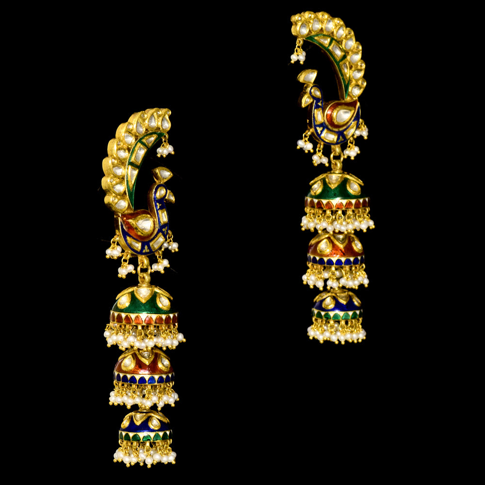 Embrace tradition with peacock design tops and multi-enameled long jhoomkis, adorned with diamond polki and pearl hangings - KME2379