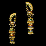Embrace tradition with peacock design tops and multi-enameled long jhoomkis, adorned with diamond polki and pearl hangings - KME2379