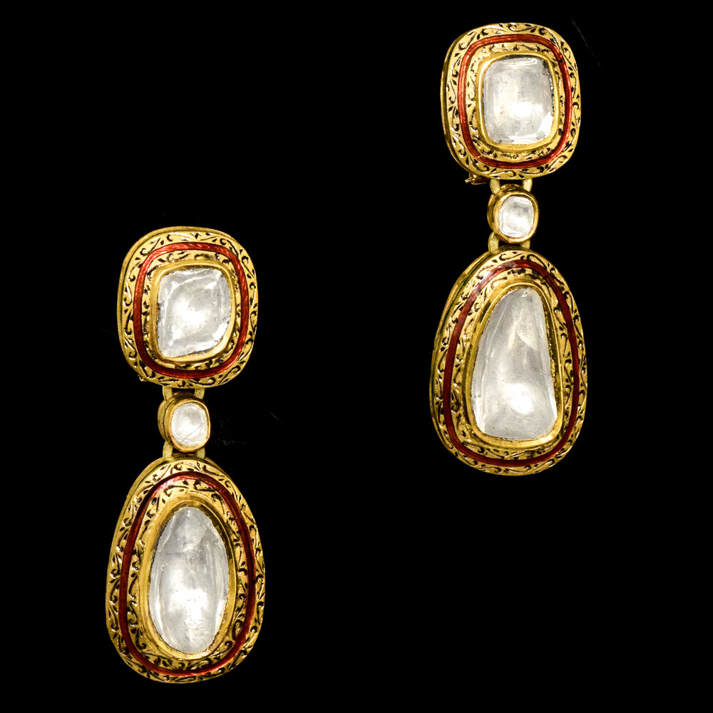 Regal Charm: Big Diamond Polki Earrings with Red Enamel & Intricate Partash Work - KME2261