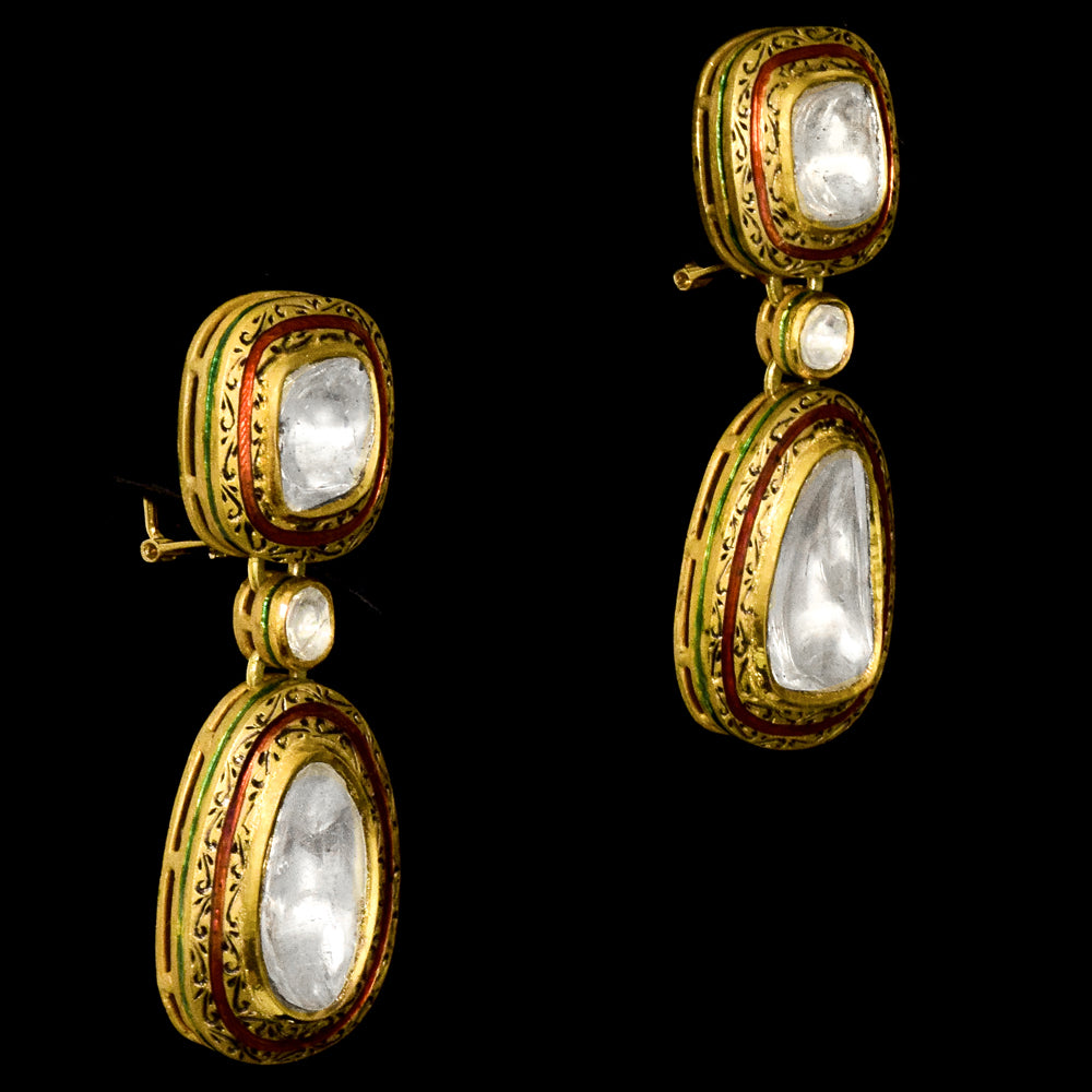 Regal Charm: Big Diamond Polki Earrings with Red Enamel & Intricate Partash Work - KME2261