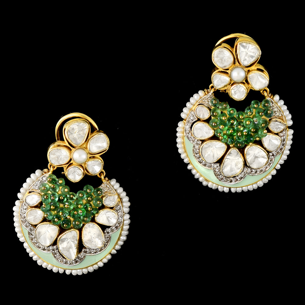 Elegant fusion chandbali earrings featuring sparkling diamond polki, round diamonds, vibrant firoza meena, and a striking emerald bead center - KME2390