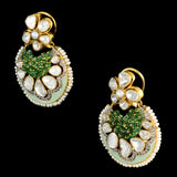 Elegant fusion chandbali earrings featuring sparkling diamond polki, round diamonds, vibrant firoza meena, and a striking emerald bead center - KME2390