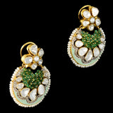 Elegant fusion chandbali earrings featuring sparkling diamond polki, round diamonds, vibrant firoza meena, and a striking emerald bead center - KME2390