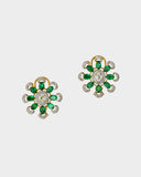 An exquisite necklace and earring set featuring oval emeralds with mutual-cut diamond centres, accented by round diamonds for timeless elegance, luxurious brilliance, and sophisticated charm. (GDNE0535)