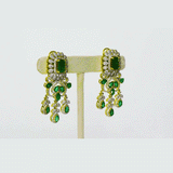 A graceful choker necklace and earring set featuring emeralds and diamonds, strung with emerald beads and pearls for subtle elegance and timeless sophistication. (GDNE0538)