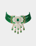 A graceful choker necklace and earring set featuring emeralds and diamonds, strung with emerald beads and pearls for subtle elegance and timeless sophistication. (GDNE0538)