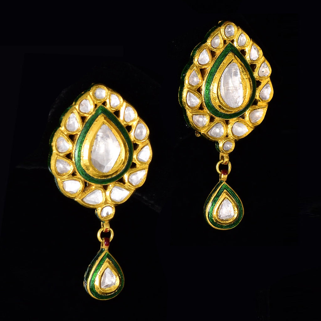 Earring Pair with Green Meena and Uncut Polki Diamond-KME1884
