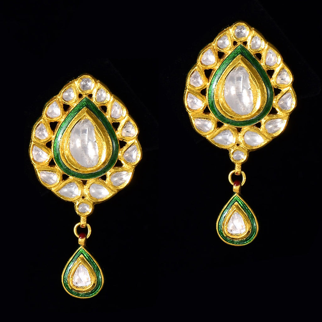 Earring Pair with Green Meena and Uncut Polki Diamond-KME1884