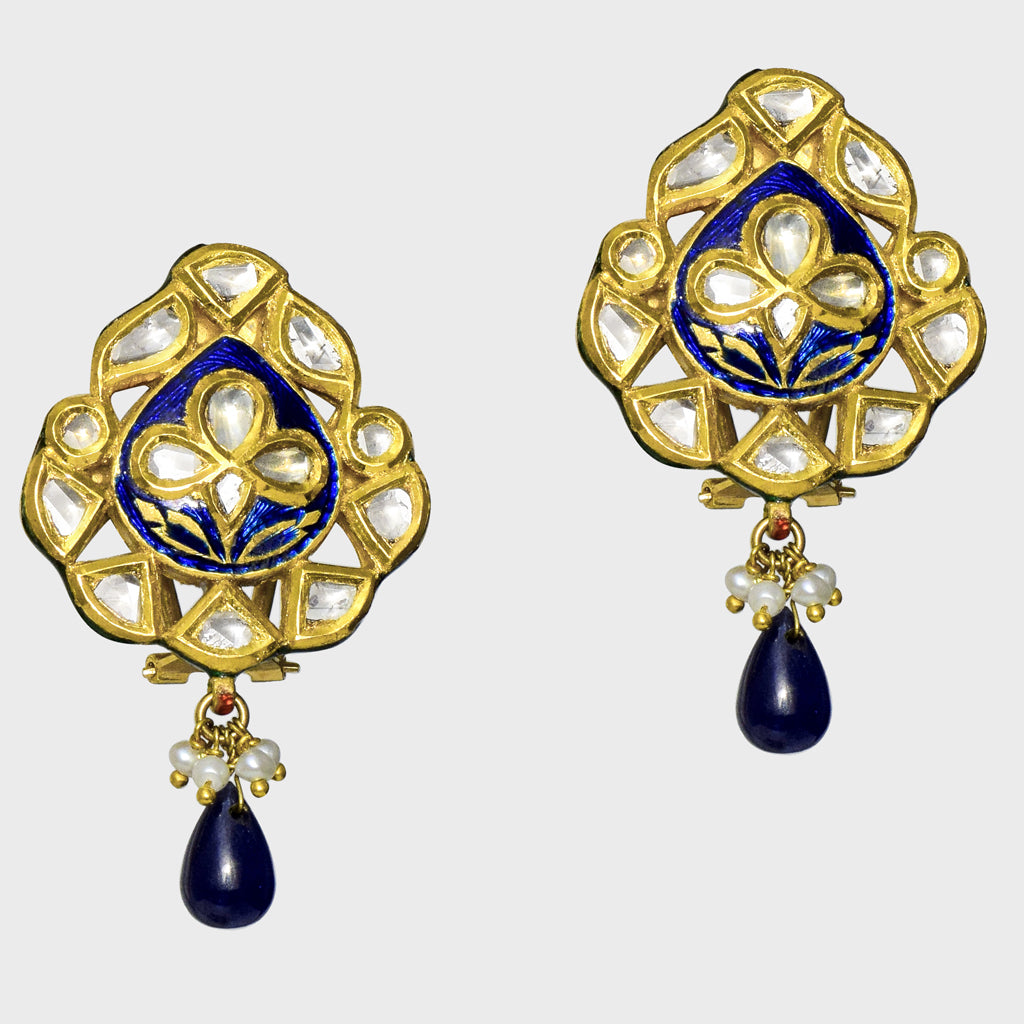 Blue Meena Tops, adorned with uncut diamonds and accented by  sapphire drops. (KME2055)