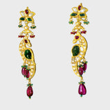 Peacock-inspired stunning long earring pair. Adorned with shimmering diamond polki and vibrant colored stones,(KME2090)