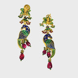 Peacock-inspired stunning long earring pair. Adorned with shimmering diamond polki and vibrant colored stones,(KME2090)