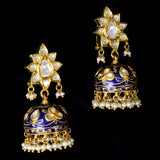 Necklace and jhoomki pair in blue meena pankhi design in 18k gold and uncut diamond and pearls. - KMNE3184, KME2108